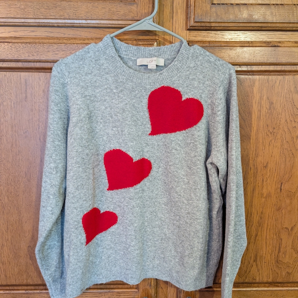 LOFT Gray Sweater with Red Heart Motif